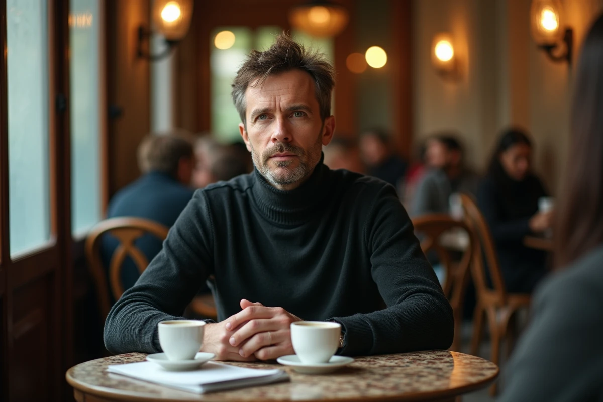 Homme en col roulé sombre attablé dans un café parisien lors d'une interview, évoquant les secrets et le parcours fascinant d'Aaron Nouchy