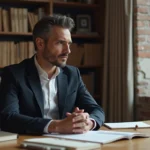 Homme mystérieux et pensif assis à son bureau dans un bureau moderne avec des étagères remplies de livres, illustrant le parcours et la personnalité d'Aaron Nouchy