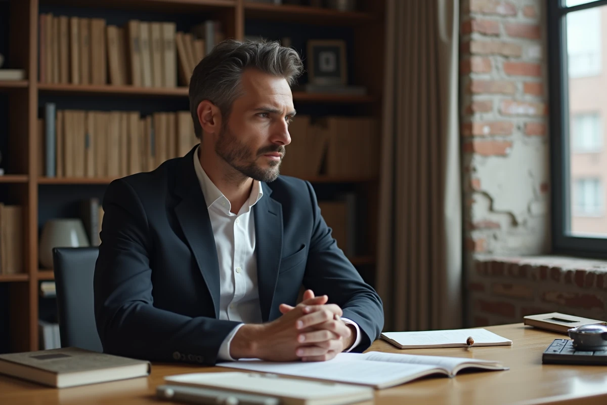 Homme mystérieux et pensif assis à son bureau dans un bureau moderne avec des étagères remplies de livres, illustrant le parcours et la personnalité d'Aaron Nouchy