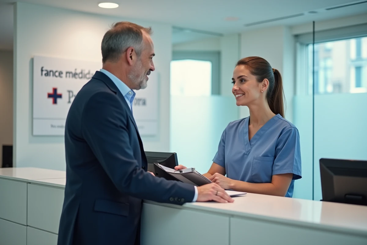 Professionnel de santé et infirmière discutant des services administratifs dans un espace d'accueil médical en France