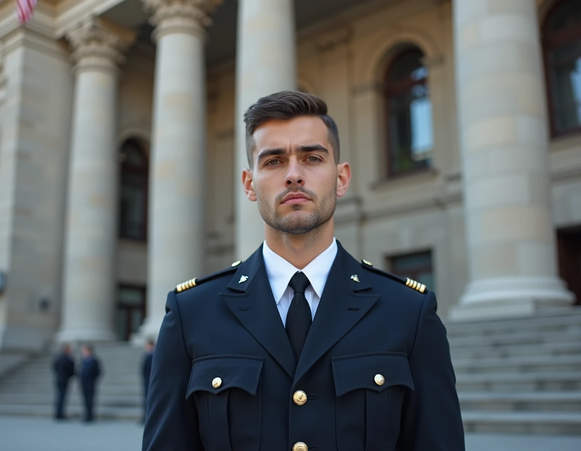 Agent en uniforme officiel devant un bâtiment institutionnel respectant les interdictions de tatouages visibles