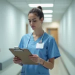 Aide-soignante en blouse bleue consultant un planning de travail dans un couloir de clinique privée sous convention CCN51