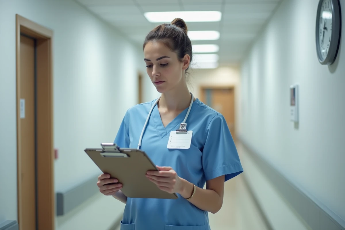 Aide-soignante en blouse bleue consultant un planning de travail dans un couloir de clinique privée sous convention CCN51