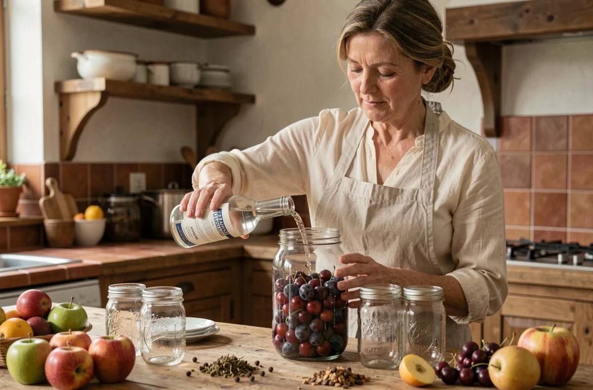 Femme versant de l'alcool 90 alimentaire dans un bocal de fruits pour une macération maison sur un plan de travail en bois rustique