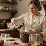 Femme versant de l'alcool 90 alimentaire dans un bocal de fruits pour une macération maison sur un plan de travail en bois rustique