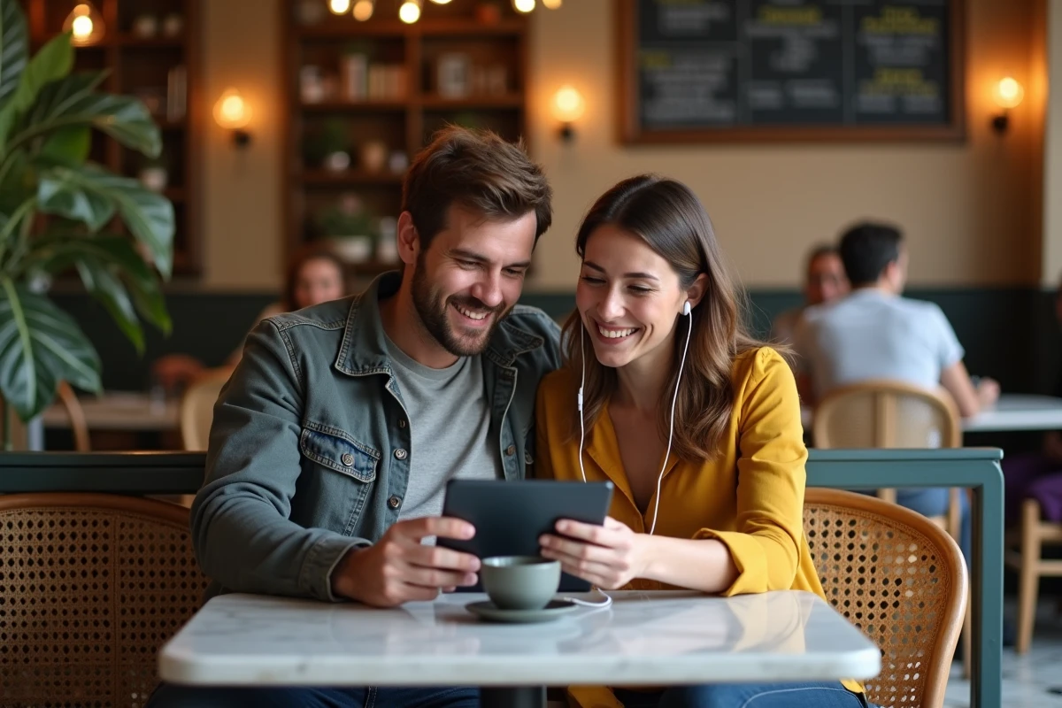 Deux amis français regardant du contenu Wooka streaming sur tablette dans un café parisien