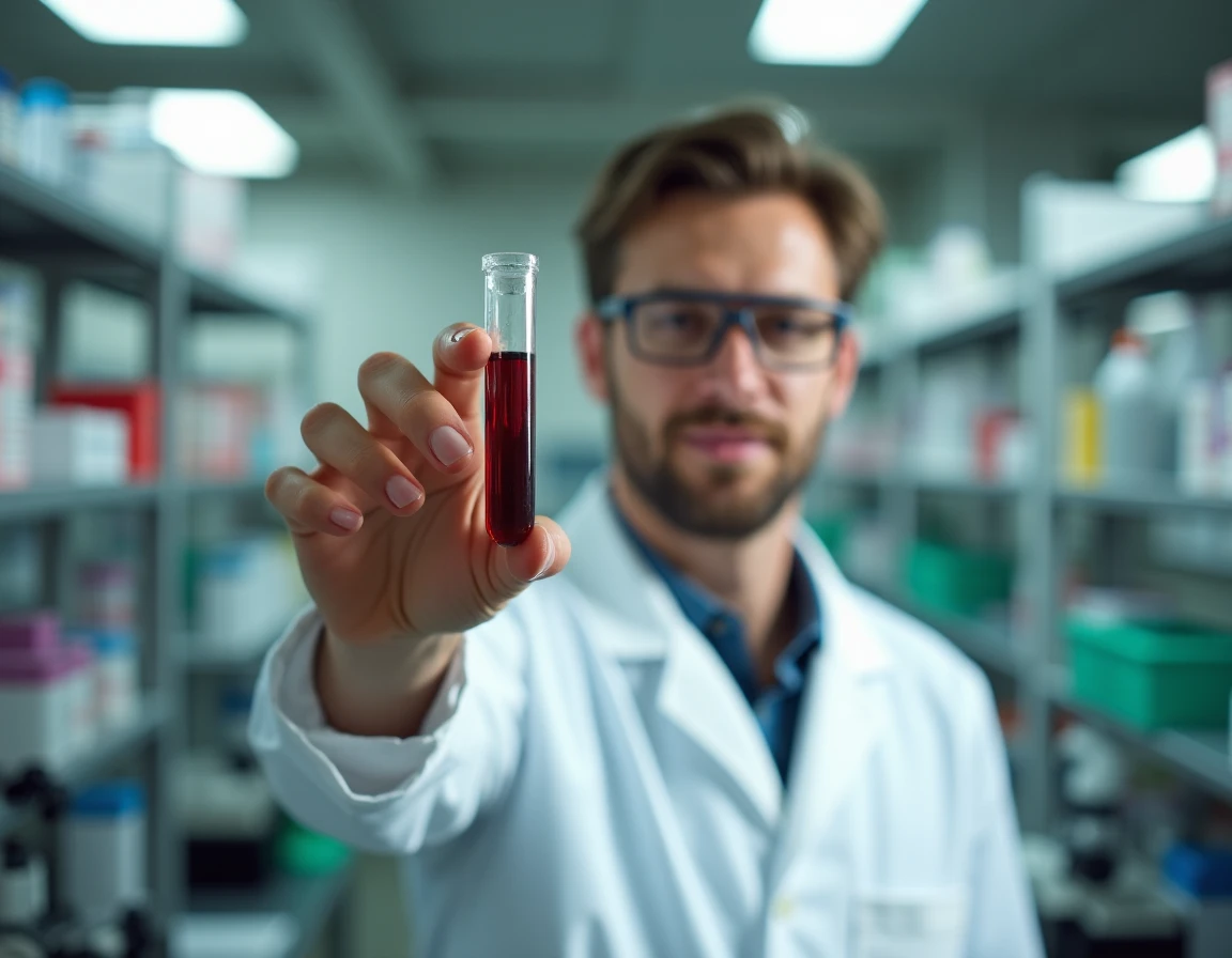 Technicien de laboratoire analysant un échantillon de sang pour la recherche de marqueurs tumoraux cancéreux
