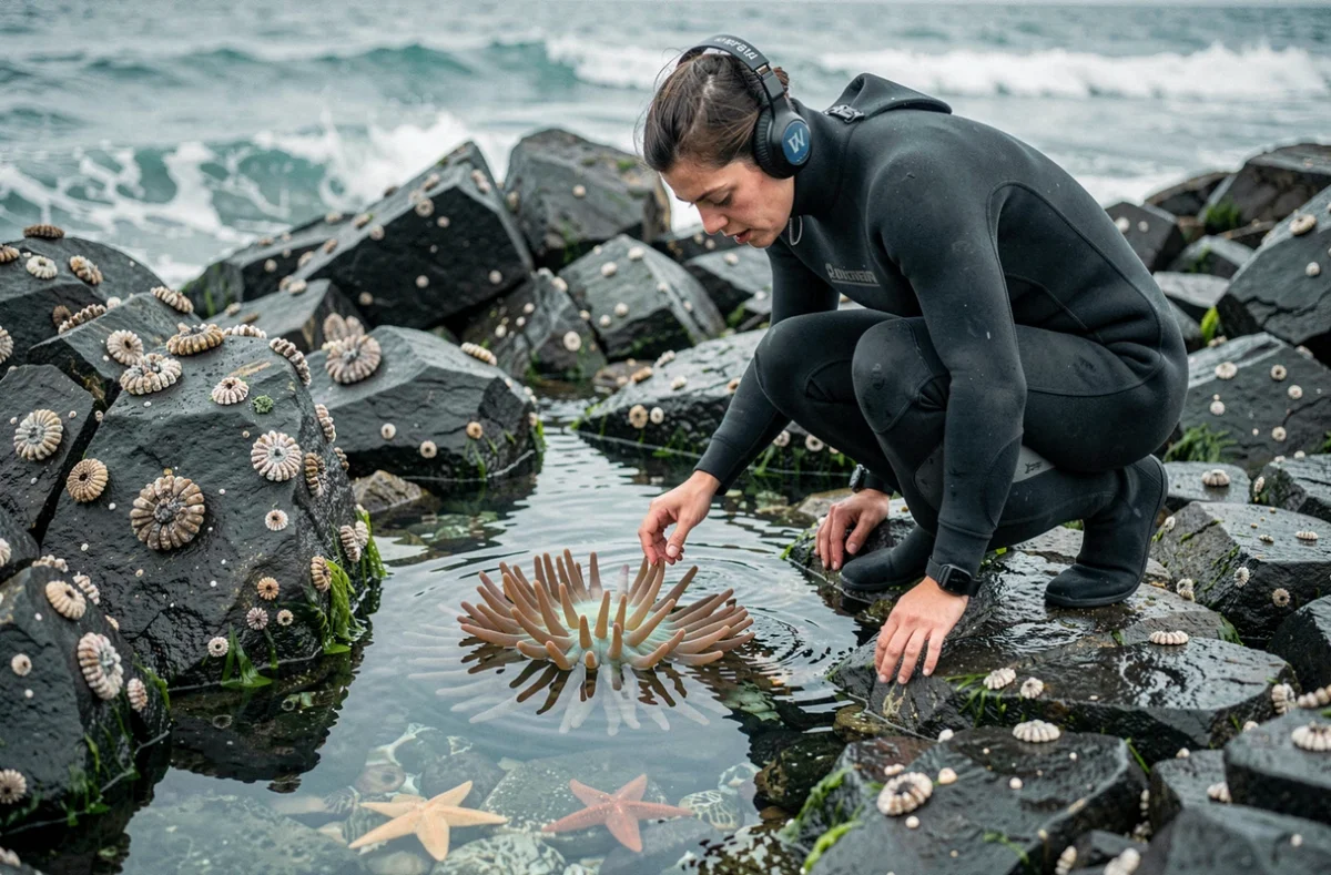 Un biologiste marin observant des anémones de mer dans un bassin rocheux au bord de l'océan