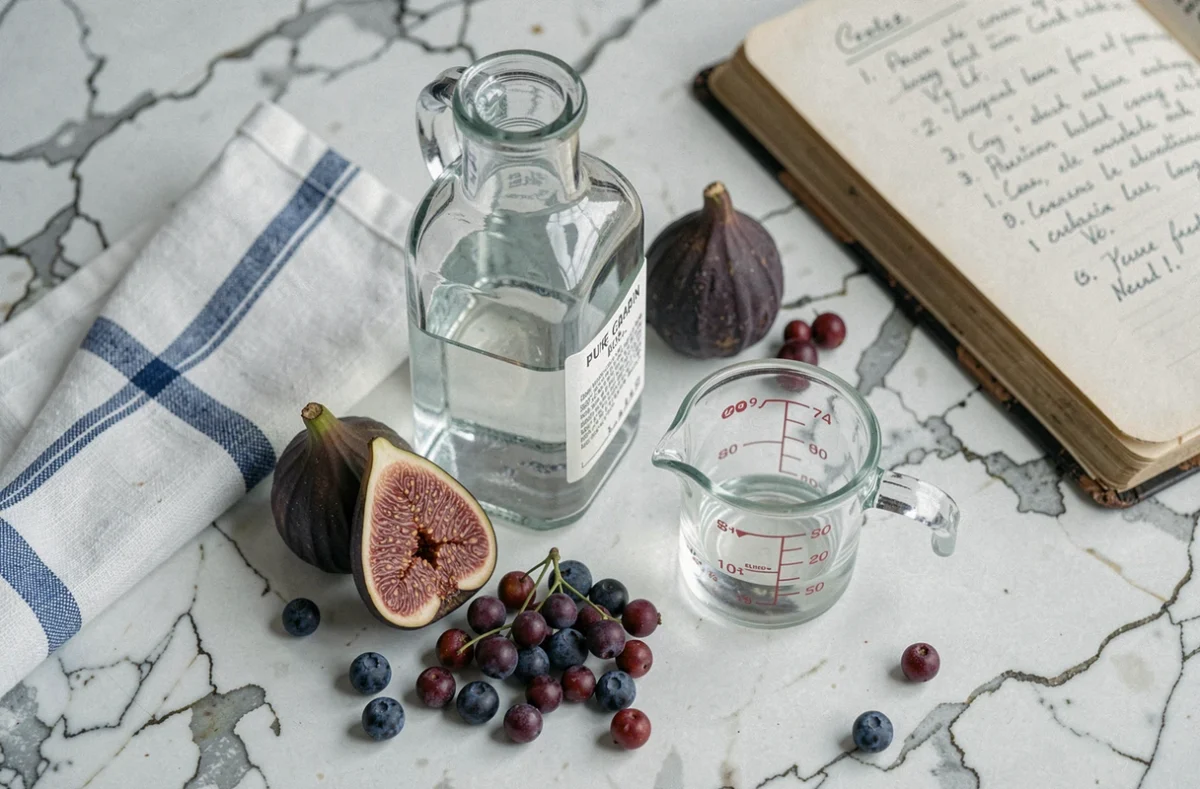 Bouteille d'alcool alimentaire à 90 degrés posée sur marbre avec des figues et des baies fraîches pour une préparation de fruits macérés
