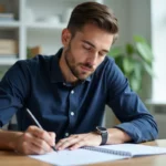 Jeune homme concentré remplissant un test psychotechnique de recrutement SNCF dans un bureau moderne