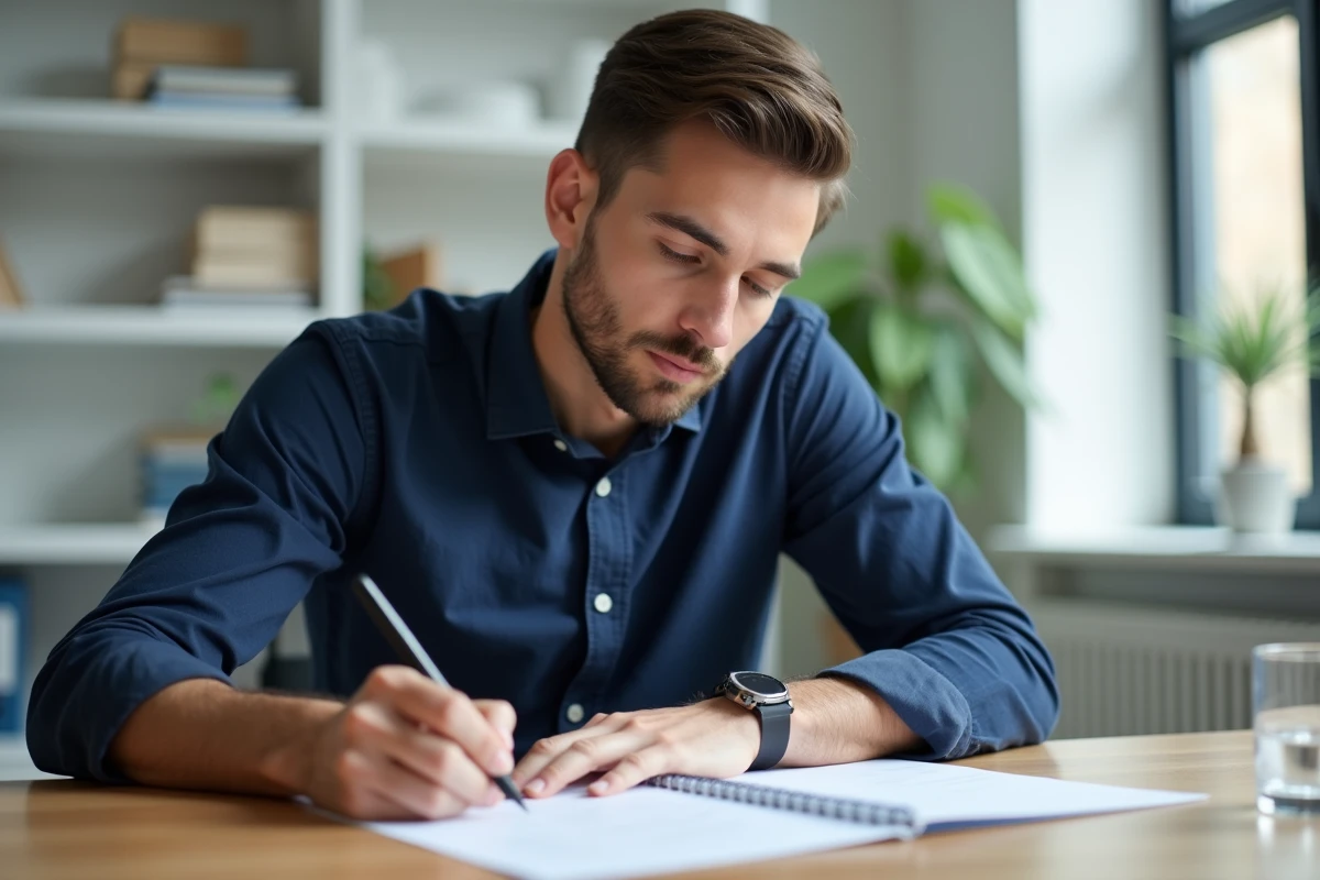 Jeune homme concentré remplissant un test psychotechnique de recrutement SNCF dans un bureau moderne