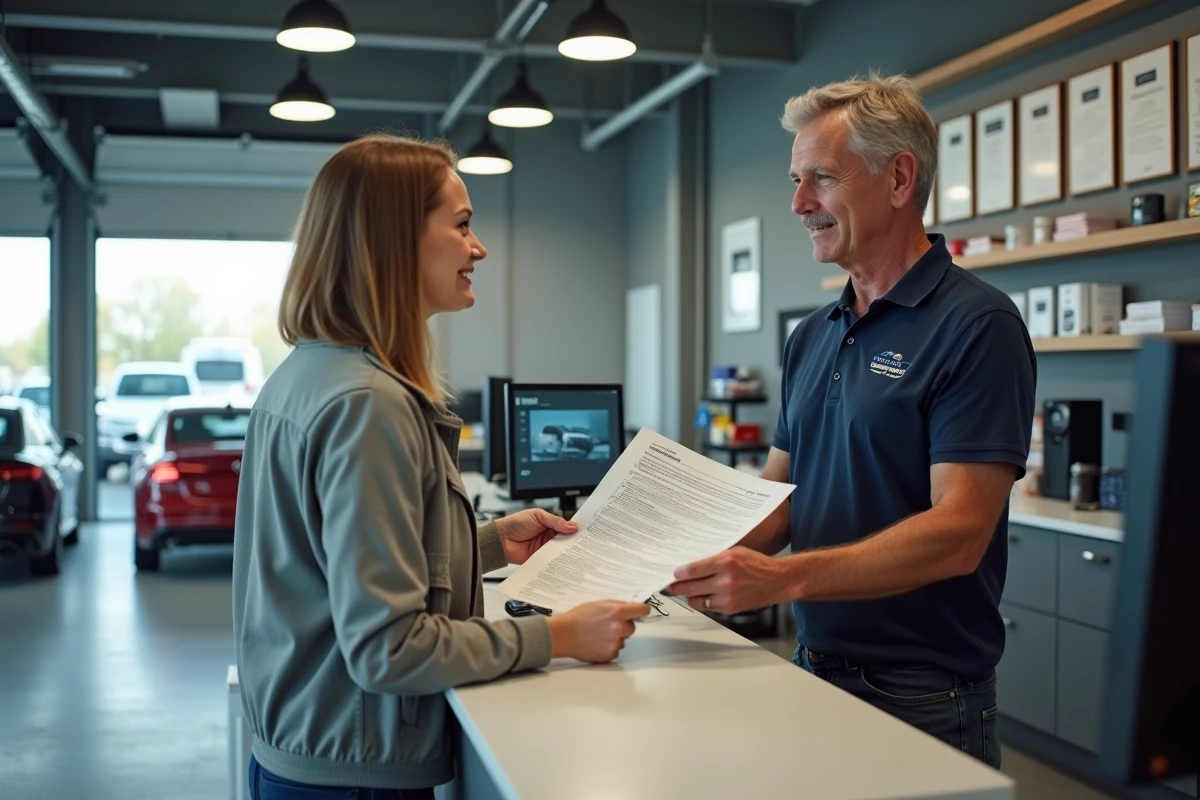 Cliente discutant d'un rapport d'inspection avec un conseiller dans la réception d'un garage automobile moderne
