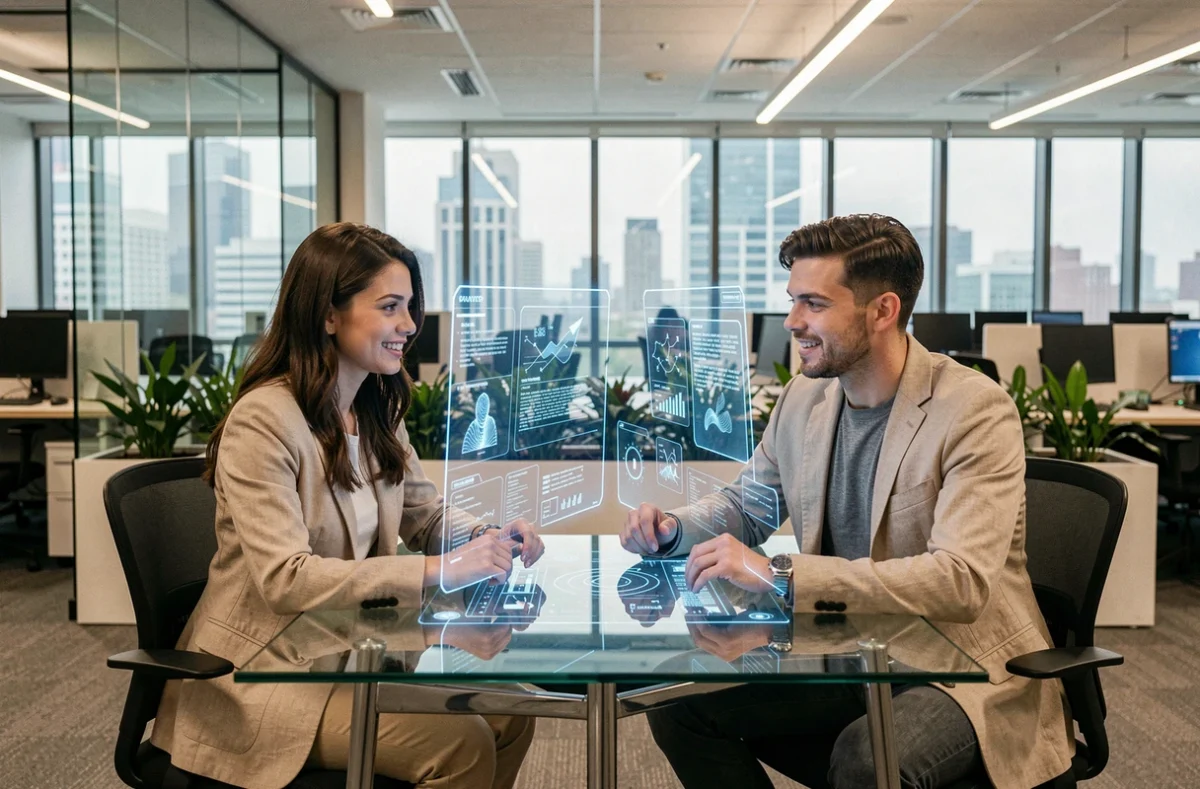 Deux collègues collaborant sur un espace de travail en réalité augmentée dans un bureau moderne, illustration des technologies innovantes de 2024