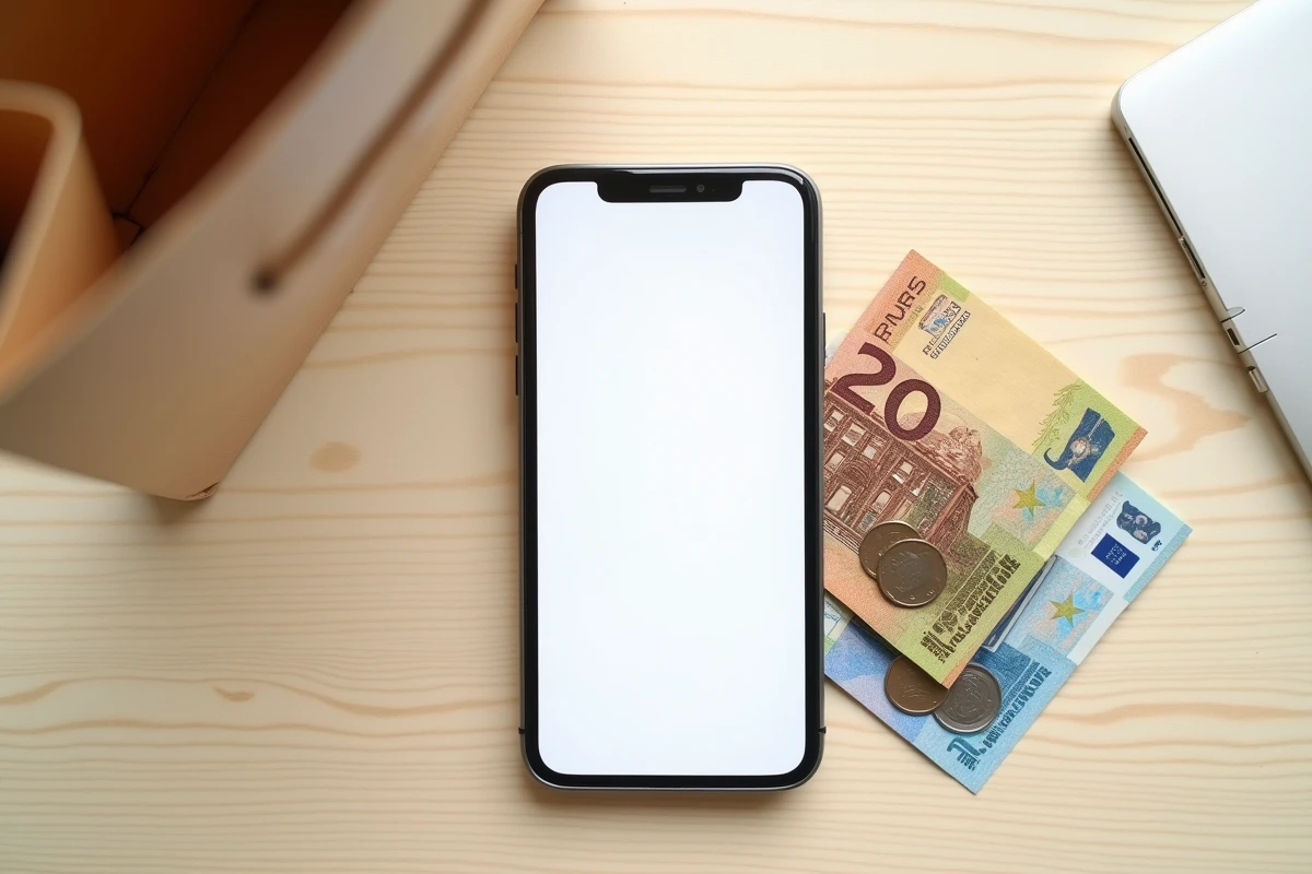 Vue de dessus d'un smartphone avec confirmation de commande Uber Eats, billets et pièces en euros sur une table