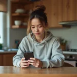 Femme commandant de la nourriture sur une application de livraison depuis son smartphone dans une cuisine moderne