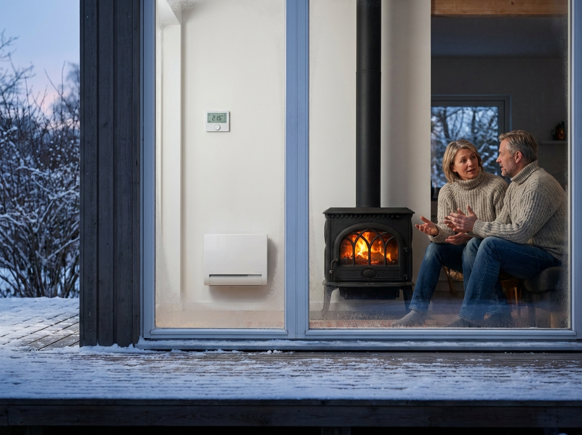 Couple comparant une pompe à chaleur et un poêle à bois dans leur maison en hiver