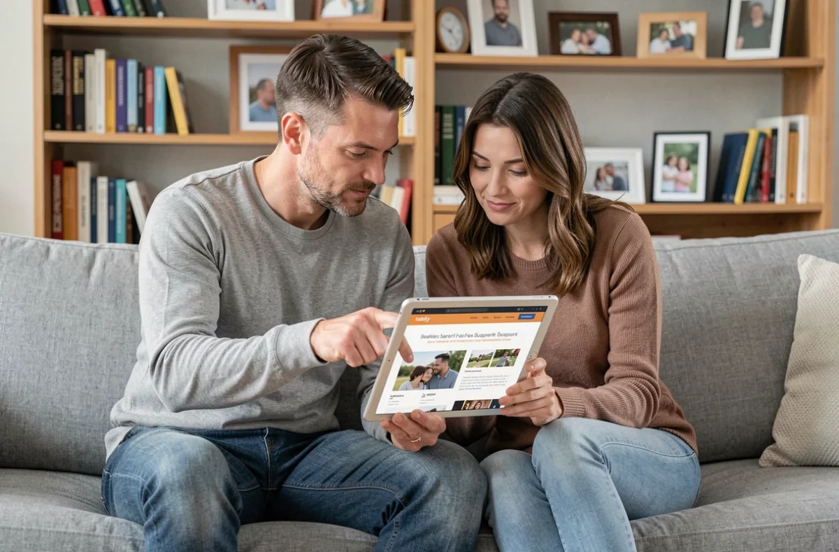 Couple consultant des ressources familiales sur une tablette dans un salon moderne