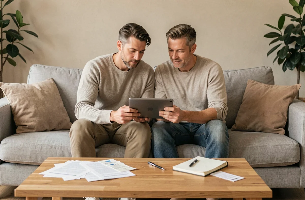 Couple gérant ensemble leurs finances personnelles sur une tablette dans un salon confortable avec des documents budgétaires