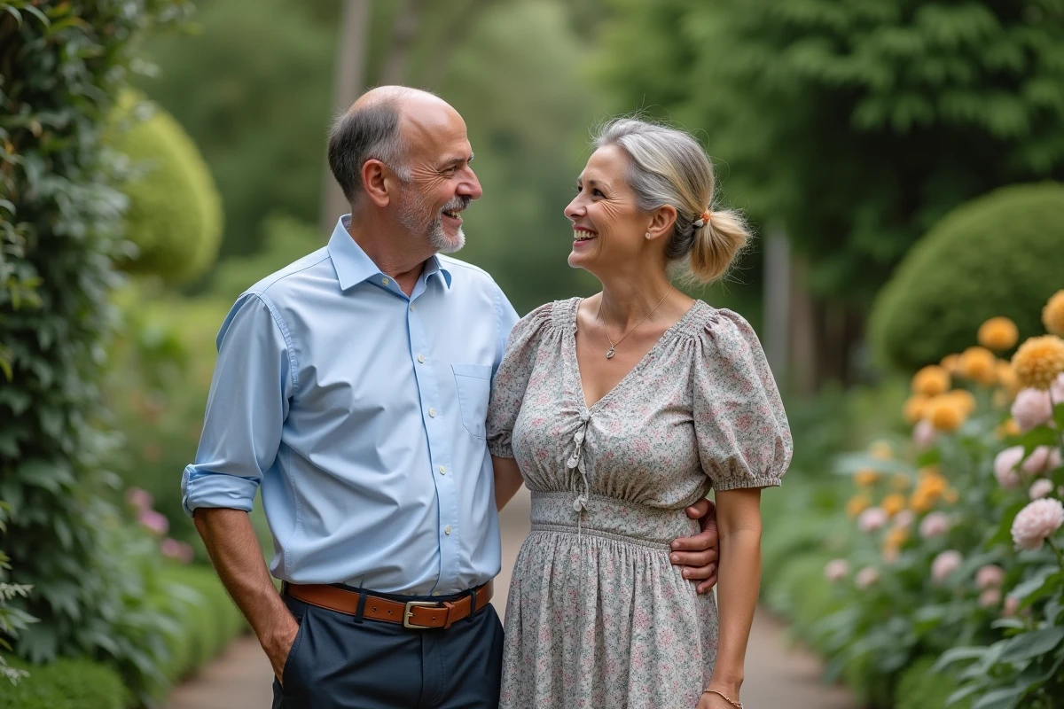 Couple souriant dans un jardin botanique en extérieur