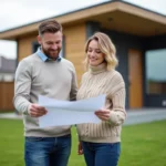 Couple devant maison prefab en extérieur