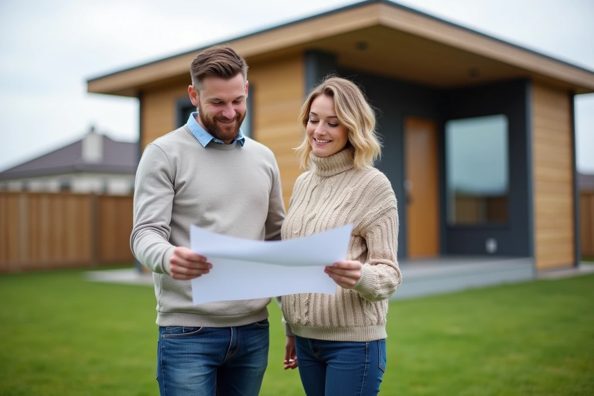 Couple devant maison prefab en extérieur