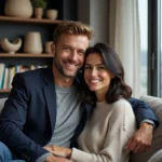 Couple dans un salon urbain avec vue sur la ville