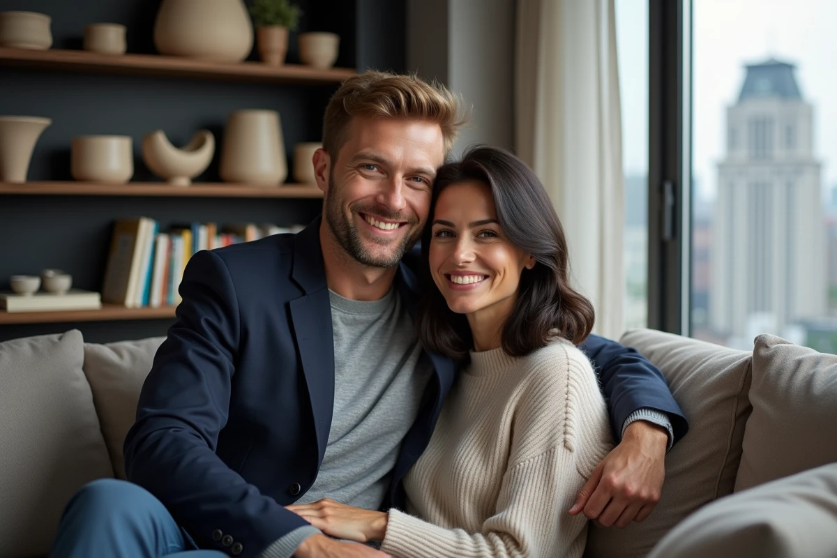 Couple dans un salon urbain avec vue sur la ville