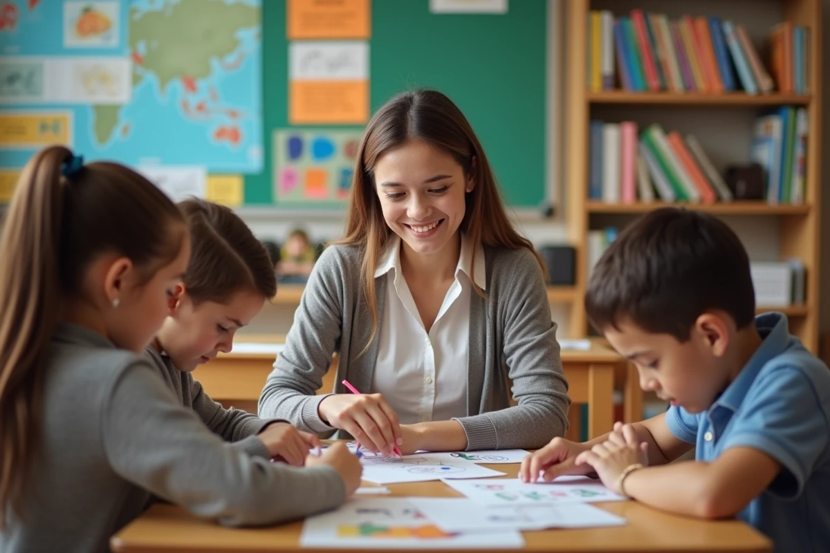 Enseignante avec enfants en activité scientifique en classe