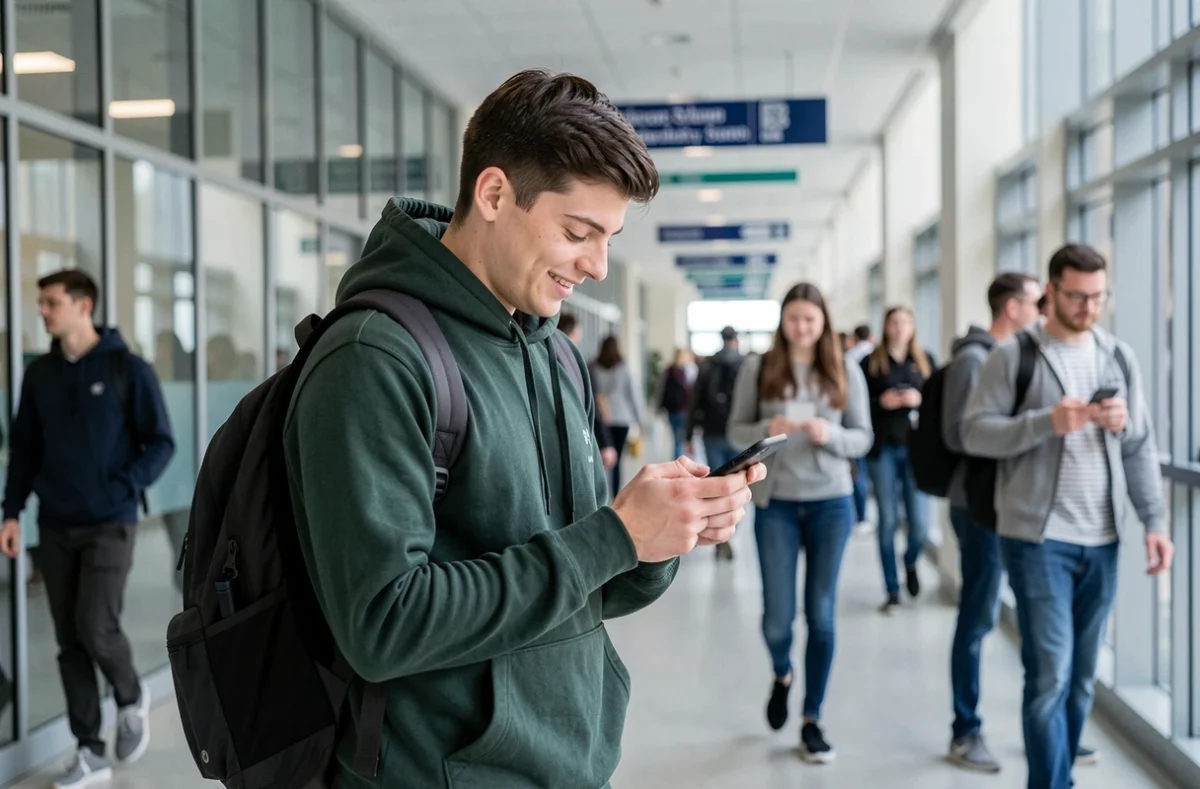 Étudiant consultant sa boîte mail académique de Nantes sur smartphone dans un couloir de campus