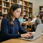 Étudiante utilisant sa boîte mail académique de Nantes sur un ordinateur portable dans une bibliothèque universitaire