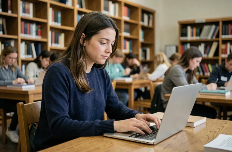 Étudiante utilisant sa boîte mail académique de Nantes sur un ordinateur portable dans une bibliothèque universitaire