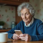 Femme agee écoute son téléphone Doro dans la cuisine