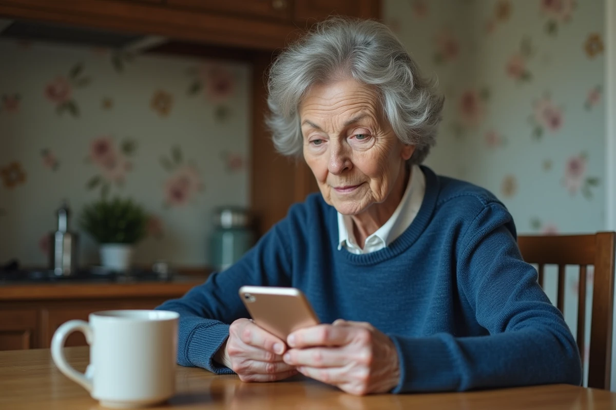 Femme agee écoute son téléphone Doro dans la cuisine