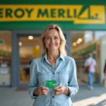 Femme tenant une carte cadeau Illicado devant l'entrée d'un magasin Leroy Merlin
