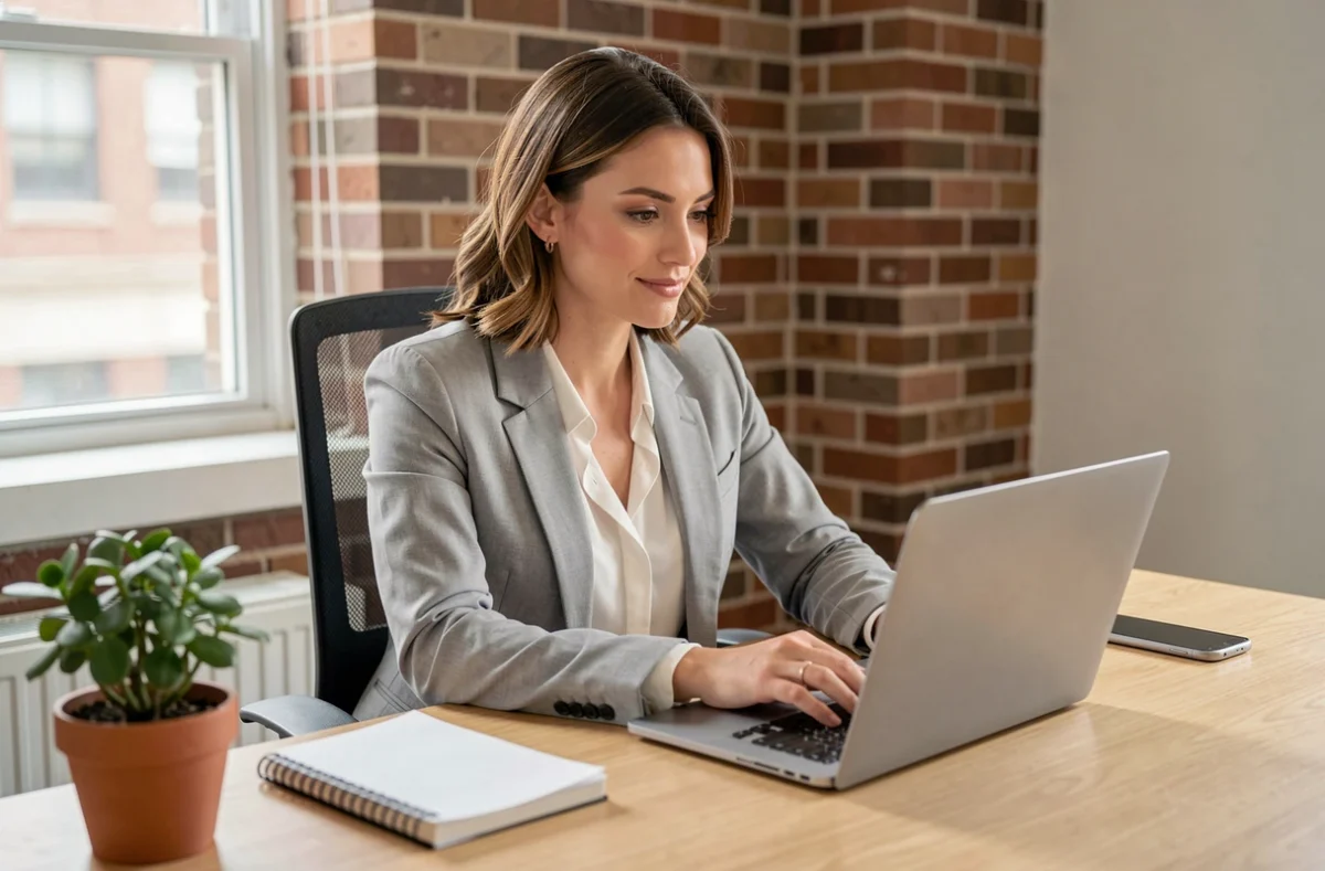 Femme entrepreneur travaillant sur son ordinateur portable dans un bureau à domicile moderne pour développer son activité en ligne