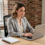 Femme entrepreneur travaillant sur son ordinateur portable dans un bureau à domicile moderne pour développer son activité en ligne
