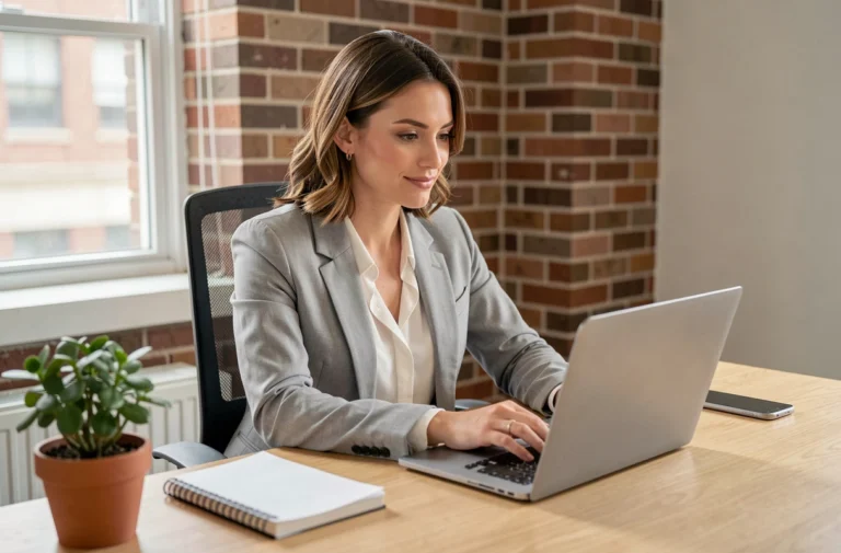 Femme entrepreneur travaillant sur son ordinateur portable dans un bureau à domicile moderne pour développer son activité en ligne