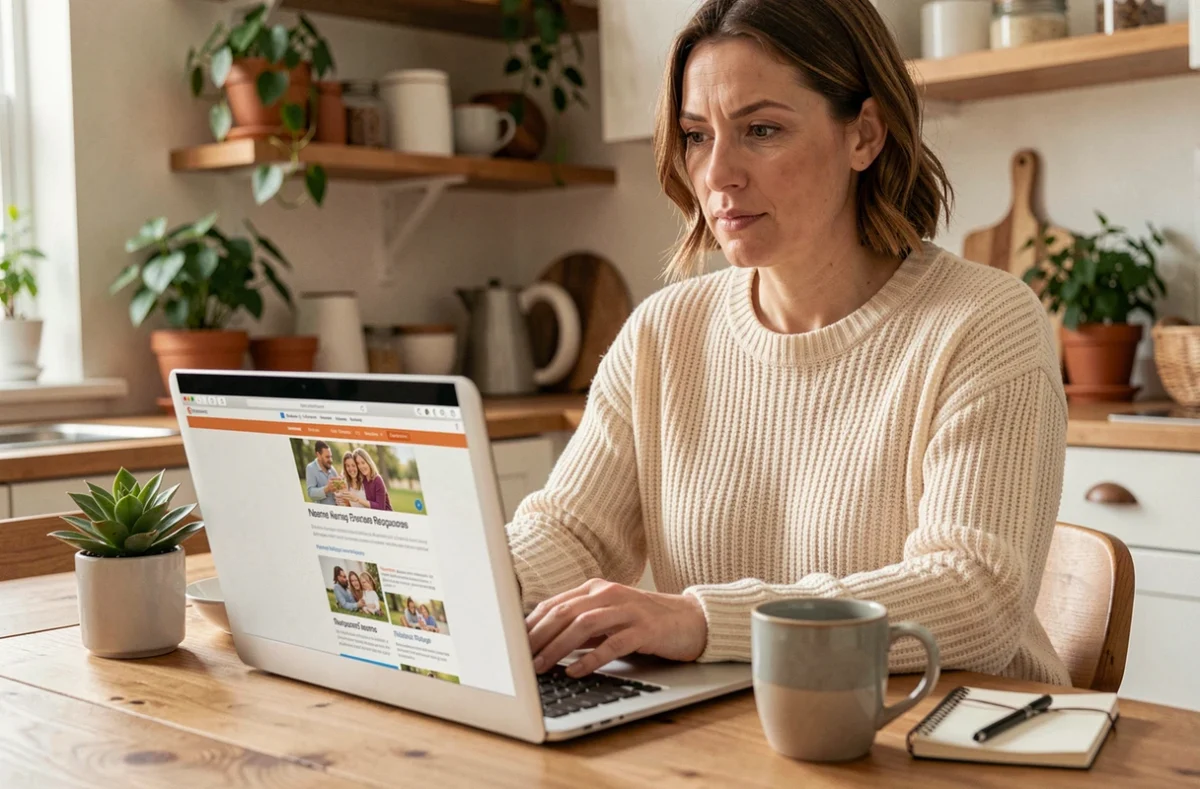 Femme explorant le site family2family.fr sur un ordinateur portable dans une cuisine chaleureuse