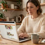 Femme explorant le site family2family.fr sur un ordinateur portable dans une cuisine chaleureuse