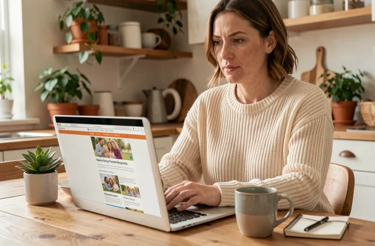 Femme explorant le site family2family.fr sur un ordinateur portable dans une cuisine chaleureuse