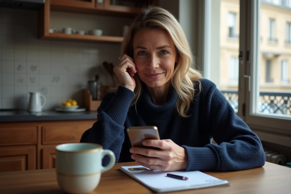 Femme française au téléphone dans une cuisine parisienne