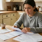 Femme gérant son budget personnel à la maison avec des relevés bancaires et des notes manuscrites sur une table en bois