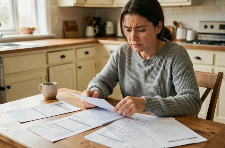 Femme gérant son budget personnel à la maison avec des relevés bancaires et des notes manuscrites sur une table en bois