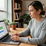 Femme consultant un gestionnaire de mots de passe sur son ordinateur portable dans un bureau à domicile moderne