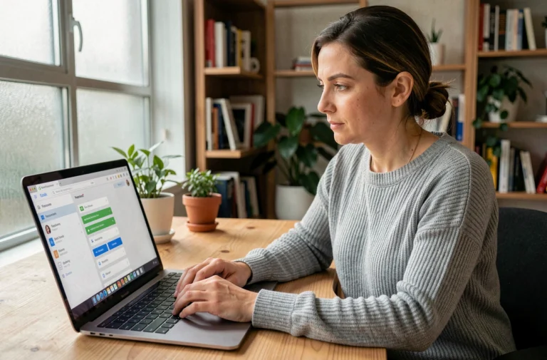 Femme consultant un gestionnaire de mots de passe sur son ordinateur portable dans un bureau à domicile moderne