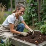Femme jardinant dans un potager naturel écoresponsable avec un bac à compost en bois