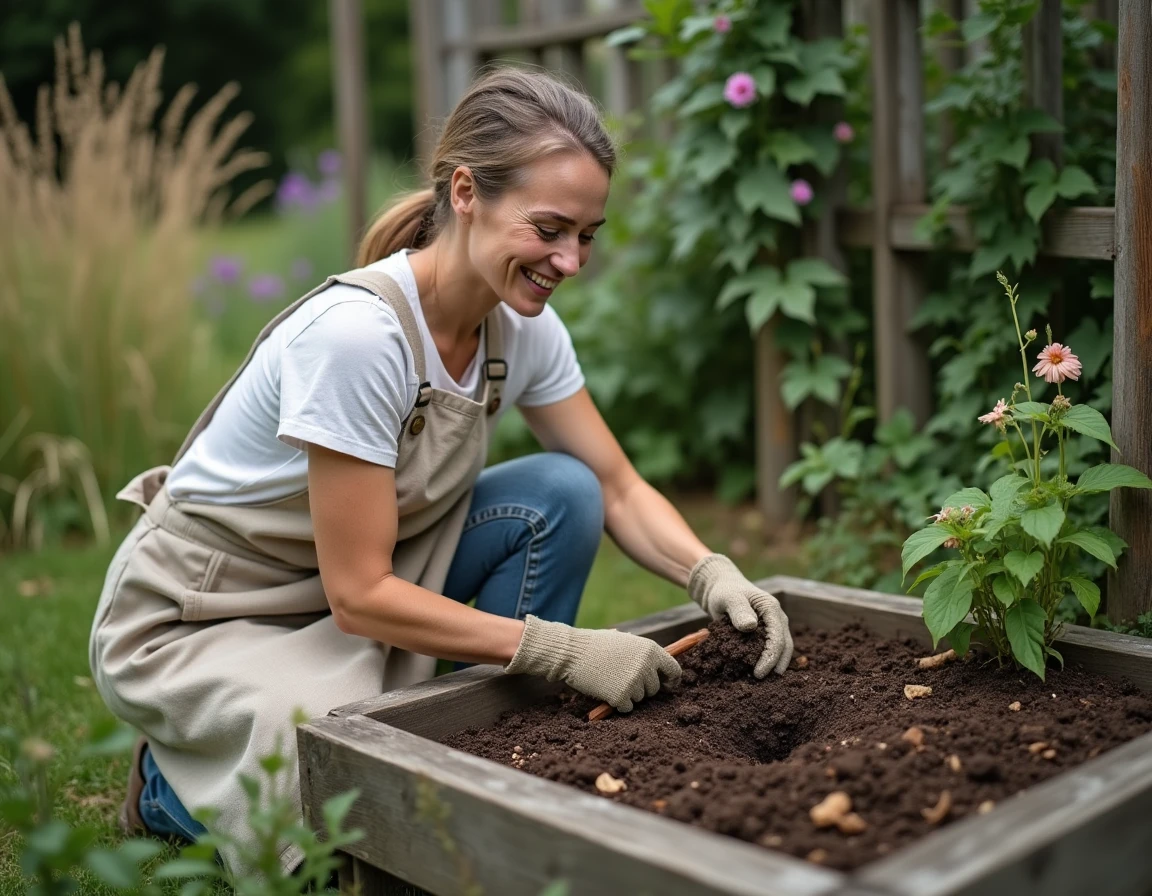Femme jardinant dans un potager naturel écoresponsable avec un bac à compost en bois