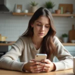 Jeune femme lisant sur son smartphone dans la cuisine