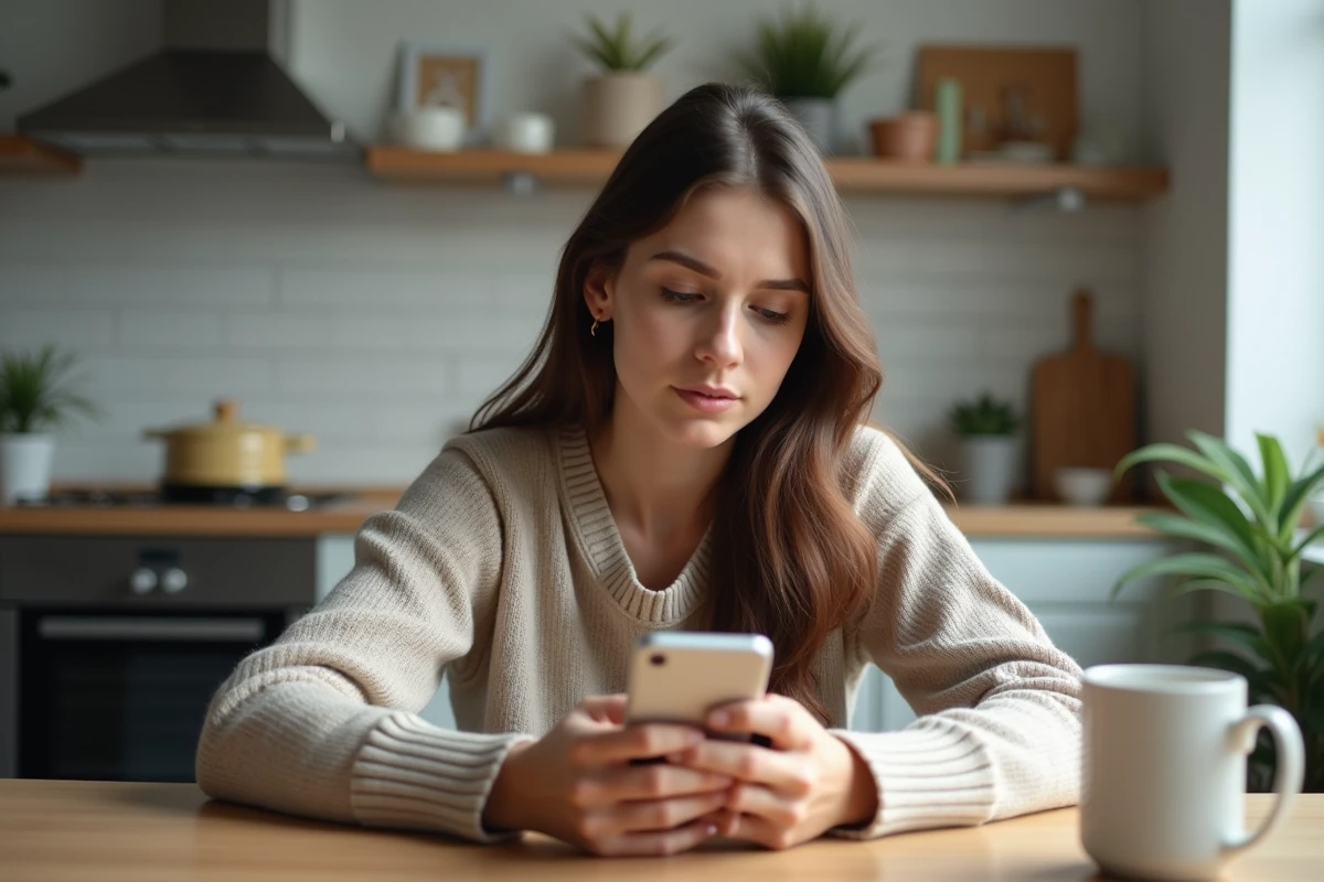 Jeune femme lisant sur son smartphone dans la cuisine