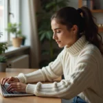 Jeune femme concentrée sur son ordinateur pour un achat en ligne